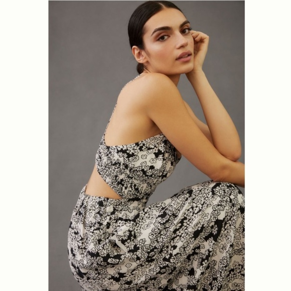 NWT Anthropologie Smocked Floral Cut Out Midi Dress White & Black Large - Picture 2 of 15